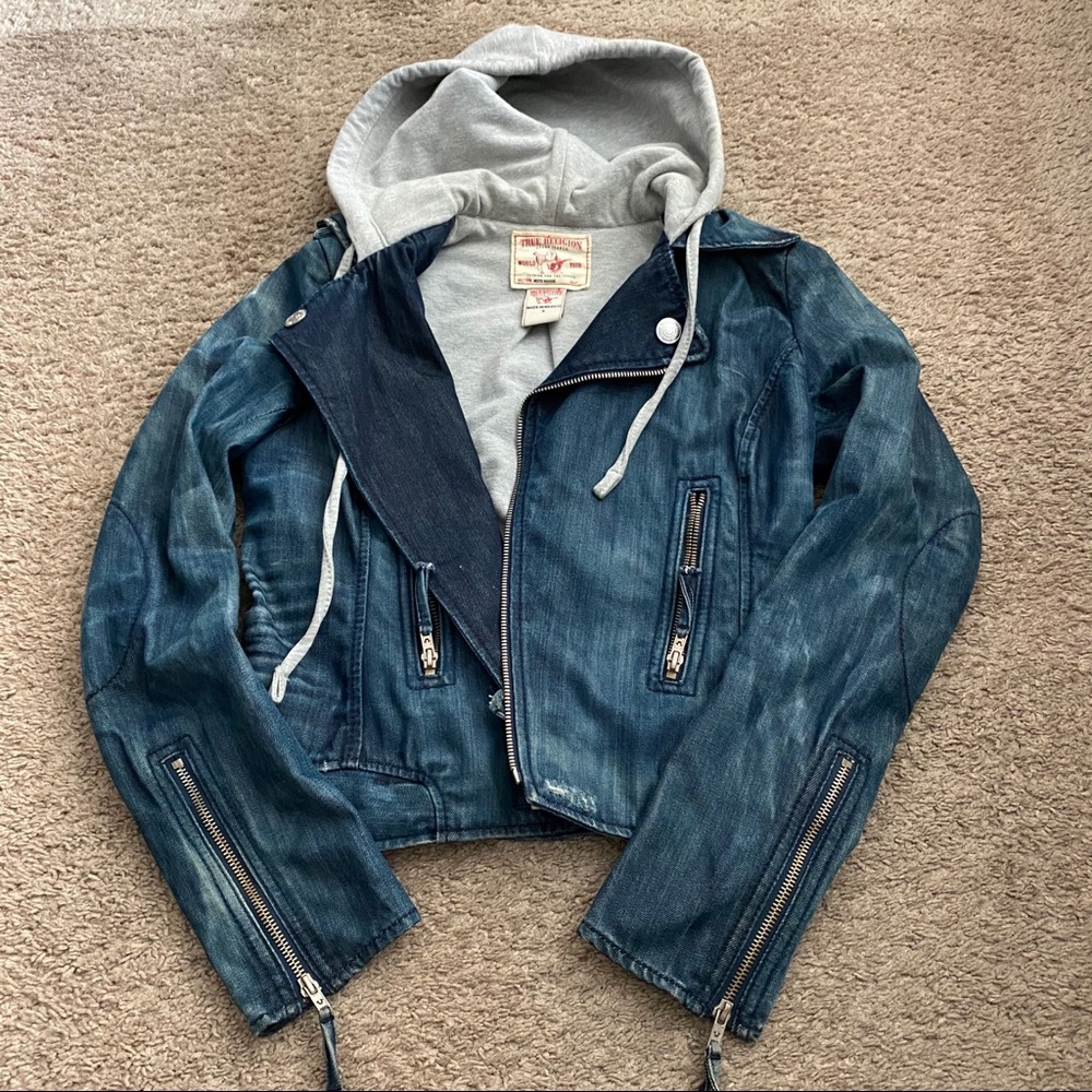 True Religion moto Jean jacket with hoodie